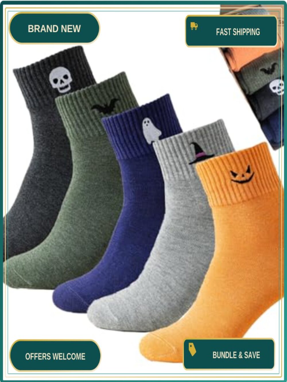 Novelty Halloween Crew Ankle Socks Cotton Blend Embroidered Pattern